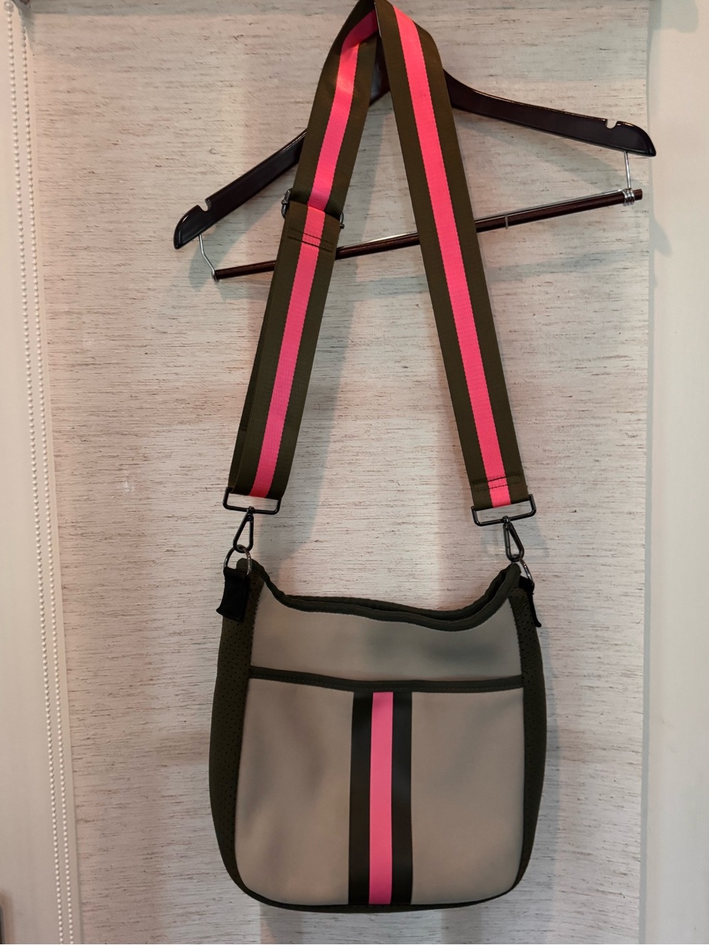 Haute Shore Greyson Neoprene Crossbody Bag Olive Pink Stripe